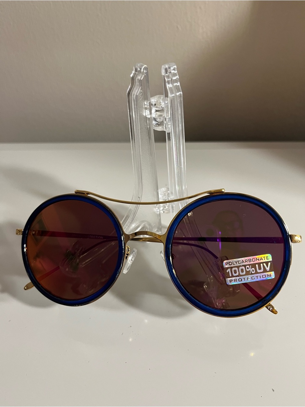 Round Retro Blue Rim Gold Frame Sunglasses with Purple Lenses